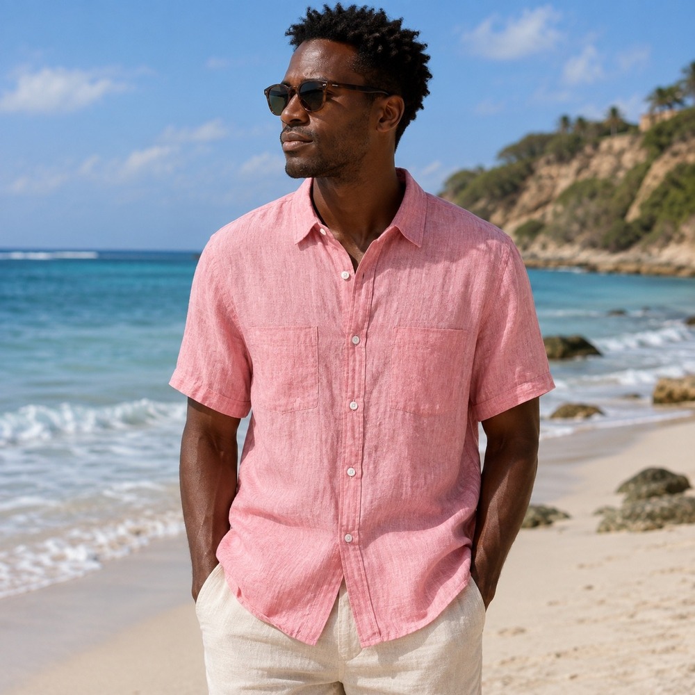Billy Reid Tuscumbia 100% Linen Short Sleeve Button Down Shirt Salmon Pink XL‎